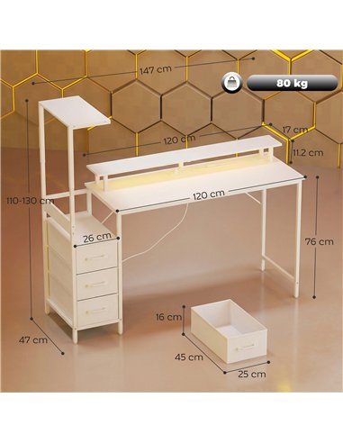 HOMCOM 147cm Gaming Desk with Charging Station and Monitor Stand, Computer Table for Home Office with RGB Lights, White