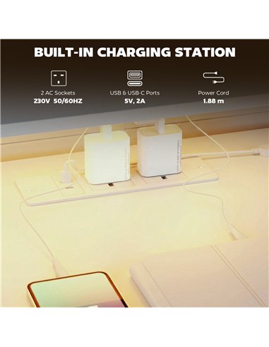 HOMCOM 147cm Gaming Desk with Charging Station and Monitor Stand, Computer Table for Home Office with RGB Lights, White