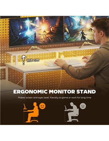 HOMCOM 147cm Gaming Desk with Charging Station and Monitor Stand, Computer Table for Home Office with RGB Lights, White