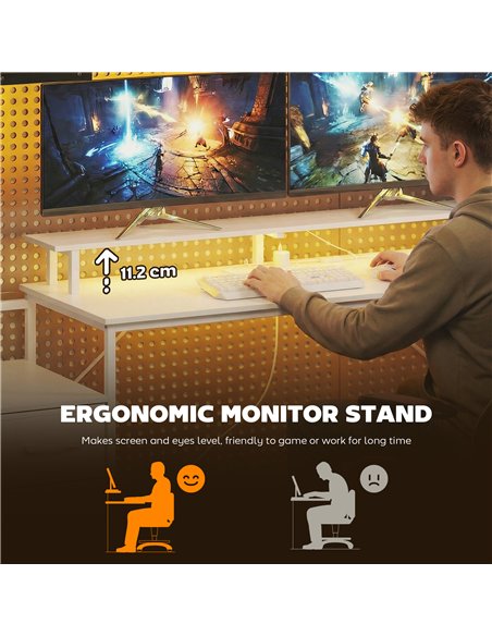 HOMCOM 147cm Gaming Desk with Charging Station and Monitor Stand, Computer Table for Home Office with RGB Lights, White - pic 197437 | FastDaddyshop