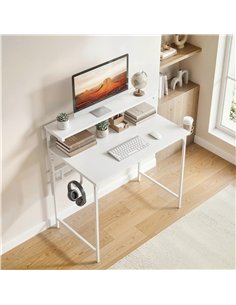HOMCOM Computer Desk, 80cm Home Office Study Table with Hutch Shelf, Cup Holder, Headphone Hook, White 2