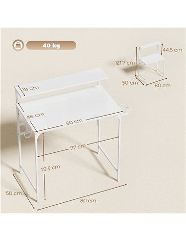 HOMCOM Computer Desk, 80cm Home Office Study Table with Hutch Shelf, Cup Holder, Headphone Hook, White