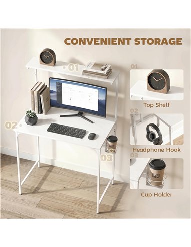 HOMCOM Computer Desk, 80cm Home Office Study Table with Hutch Shelf, Cup Holder, Headphone Hook, White
