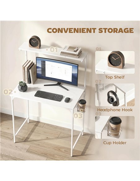 HOMCOM Computer Desk, 80cm Home Office Study Table with Hutch Shelf, Cup Holder, Headphone Hook, White - pic 197443 | FastDaddyshop