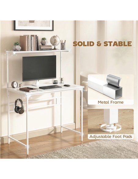 HOMCOM Computer Desk, 80cm Home Office Study Table with Hutch Shelf, Cup Holder, Headphone Hook, White - pic 197445 | FastDaddyshop
