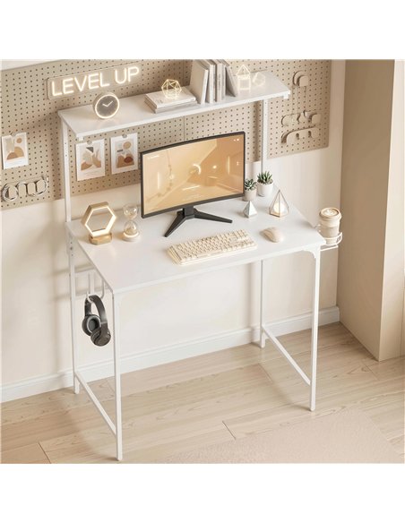 HOMCOM Computer Desk, 80cm Home Office Study Table with Hutch Shelf, Cup Holder, Headphone Hook, White - pic 197447 | FastDaddyshop
