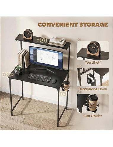 HOMCOM Computer Desk, 80cm Home Office Study Table with Hutch Shelf, Cup Holder, Headphone Hook, Black