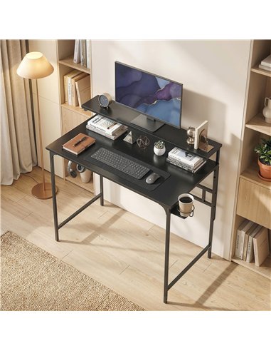 HOMCOM Computer Desk, 80cm Home Office Study Table with Hutch Shelf, Cup Holder, Headphone Hook, Black