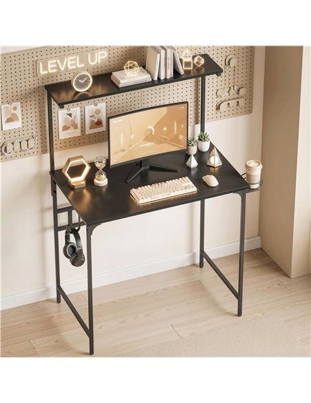 HOMCOM Computer Desk, 80cm Home Office Study Table with Hutch Shelf, Cup Holder, Headphone Hook, Black - pic 197456 | FastDaddyshop