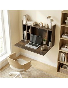 HOMCOM Wall Mounted Desk, Drop Leaf Floating Laptop Desk with Space Saving Storage Compartments for Home Office, Dark Brown 2