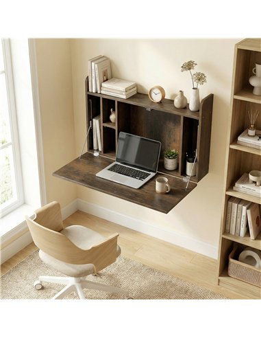 HOMCOM Wall Mounted Desk, Drop Leaf Floating Laptop Desk with Space Saving Storage Compartments for Home Office, Dark Brown