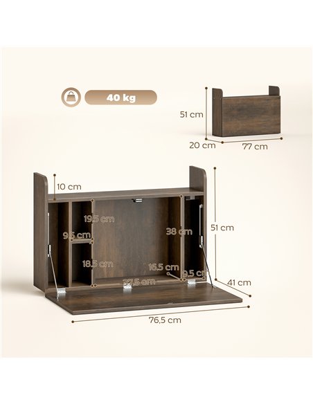 HOMCOM Wall Mounted Desk, Drop Leaf Floating Laptop Desk with Space Saving Storage Compartments for Home Office, Dark Brown - pic 197496 | FastDaddyshop