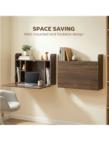 HOMCOM Wall Mounted Desk, Drop Leaf Floating Laptop Desk with Space Saving Storage Compartments for Home Office, Dark Brown