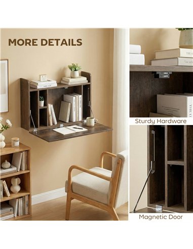 HOMCOM Wall Mounted Desk, Drop Leaf Floating Laptop Desk with Space Saving Storage Compartments for Home Office, Dark Brown