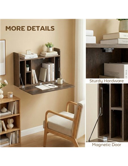HOMCOM Wall Mounted Desk, Drop Leaf Floating Laptop Desk with Space Saving Storage Compartments for Home Office, Dark Brown - pic 197499 | FastDaddyshop