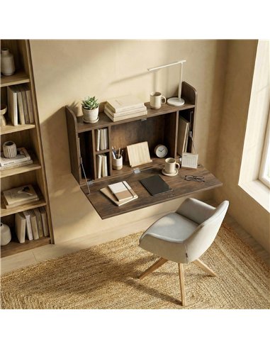 HOMCOM Wall Mounted Desk, Drop Leaf Floating Laptop Desk with Space Saving Storage Compartments for Home Office, Dark Brown