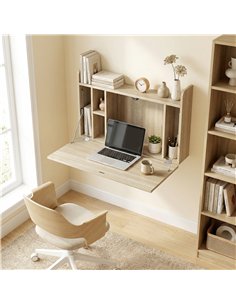 HOMCOM Wall Mounted Desk, Drop Leaf Floating Laptop Desk with Space Saving Storage Compartments for Home Office, Oak 2