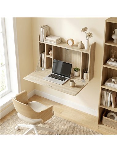 HOMCOM Wall Mounted Desk, Drop Leaf Floating Laptop Desk with Space Saving Storage Compartments for Home Office, Oak
