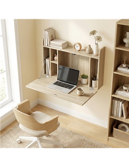 HOMCOM Wall Mounted Desk, Drop Leaf Floating Laptop Desk with Space Saving Storage Compartments for Home Office, Oak - pic 197504 | FastDaddyshop
