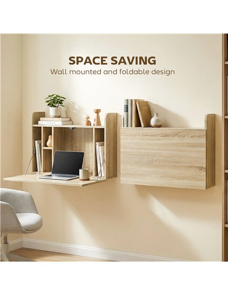 HOMCOM Wall Mounted Desk, Drop Leaf Floating Laptop Desk with Space Saving Storage Compartments for Home Office, Oak - pic 197506 | FastDaddyshop