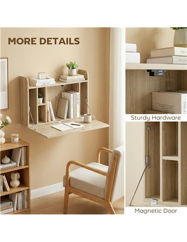 HOMCOM Wall Mounted Desk, Drop Leaf Floating Laptop Desk with Space Saving Storage Compartments for Home Office, Oak
