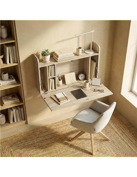 HOMCOM Wall Mounted Desk, Drop Leaf Floating Laptop Desk with Space Saving Storage Compartments for Home Office, Oak - pic 197509 | FastDaddyshop