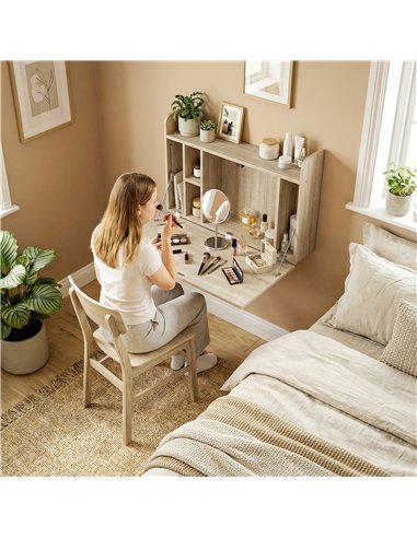 HOMCOM Wall Mounted Desk, Drop Leaf Floating Laptop Desk with Space Saving Storage Compartments for Home Office, Oak