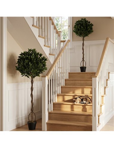 Outsunny Realistic Lush Topiary Ball Tree, Artificial Bay Laurel Topiary Trees with Weighted Pot, Set of 2, Green
