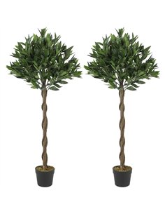 Outsunny Artificial Bay Laurel Topiary Trees with Twisted Trunk, Realistic Lush Topiary Ball Tree with Weighted Pot, Set of 2