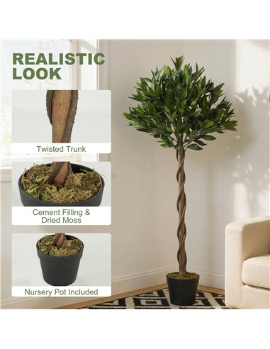 Outsunny Artificial Bay Laurel Topiary Trees with Twisted Trunk, Realistic Lush Topiary Ball Tree with Weighted Pot, Set of 2