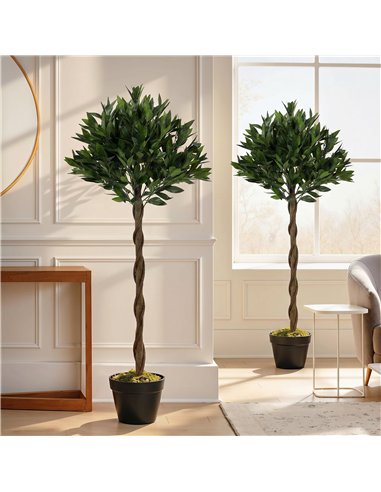 Outsunny Artificial Bay Laurel Topiary Trees with Twisted Trunk, Realistic Lush Topiary Ball Tree with Weighted Pot, Set of 2