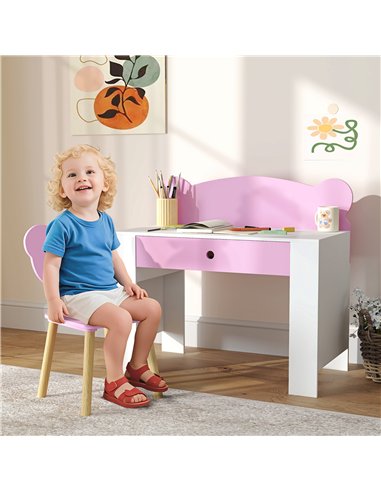 AIYAPLAY Kids Desk and Chair Set with Drawer for Drawing, Reading, Bear Theme Children Furniture for Bedroom, Daycare, Pink