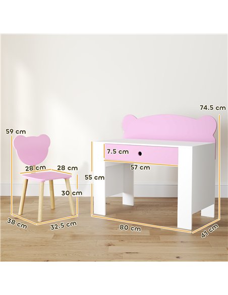 AIYAPLAY Kids Desk and Chair Set with Drawer for Drawing, Reading, Bear Theme Children Furniture for Bedroom, Daycare, Pink - pic 197568 | FastDaddyshop