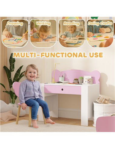 AIYAPLAY Kids Desk and Chair Set with Drawer for Drawing, Reading, Bear Theme Children Furniture for Bedroom, Daycare, Pink