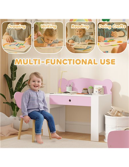 AIYAPLAY Kids Desk and Chair Set with Drawer for Drawing, Reading, Bear Theme Children Furniture for Bedroom, Daycare, Pink - pic 197569 | FastDaddyshop