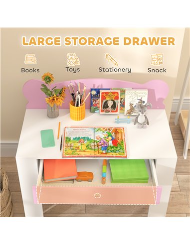AIYAPLAY Kids Desk and Chair Set with Drawer for Drawing, Reading, Bear Theme Children Furniture for Bedroom, Daycare, Pink