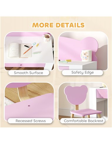 AIYAPLAY Kids Desk and Chair Set with Drawer for Drawing, Reading, Bear Theme Children Furniture for Bedroom, Daycare, Pink