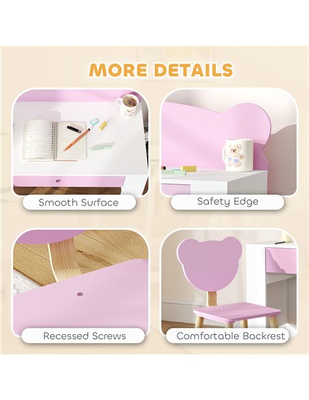 AIYAPLAY Kids Desk and Chair Set with Drawer for Drawing, Reading, Bear Theme Children Furniture for Bedroom, Daycare, Pink - pic 197571 | FastDaddyshop
