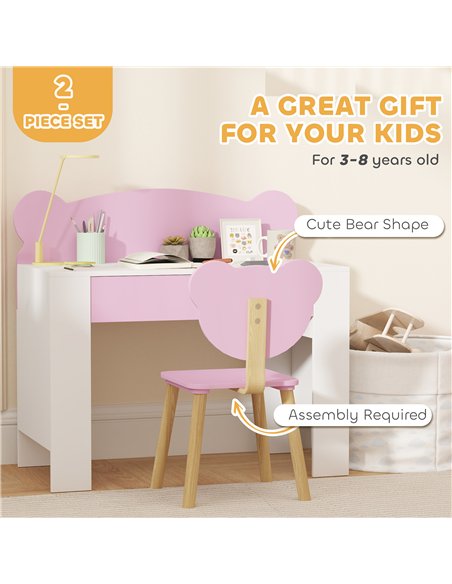 AIYAPLAY Kids Desk and Chair Set with Drawer for Drawing, Reading, Bear Theme Children Furniture for Bedroom, Daycare, Pink - pic 197572 | FastDaddyshop