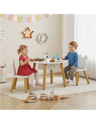 AIYAPLAY 3-Piece Kids Activity Table Set with Centre Mesh Bag, Bear-Shaped Backrest, for Arts and Crafts, Reading, White