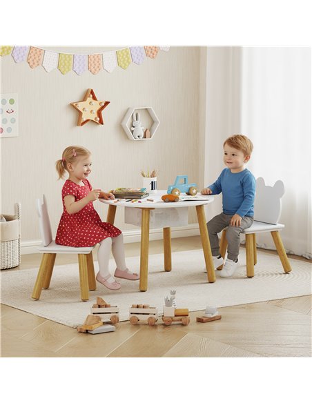 AIYAPLAY 3-Piece Kids Activity Table Set with Centre Mesh Bag, Bear-Shaped Backrest, for Arts and Crafts, Reading, White - pic 197585 | FastDaddyshop