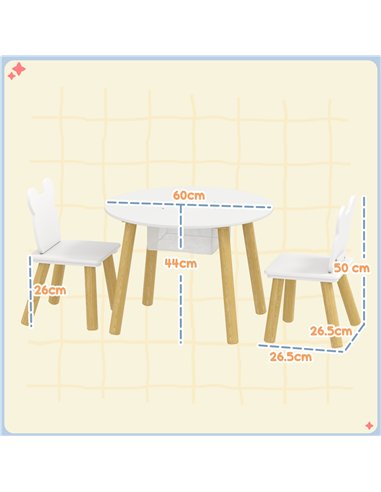 AIYAPLAY 3-Piece Kids Activity Table Set with Centre Mesh Bag, Bear-Shaped Backrest, for Arts and Crafts, Reading, White