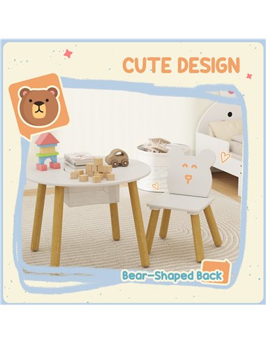AIYAPLAY 3-Piece Kids Activity Table Set with Centre Mesh Bag, Bear-Shaped Backrest, for Arts and Crafts, Reading, White