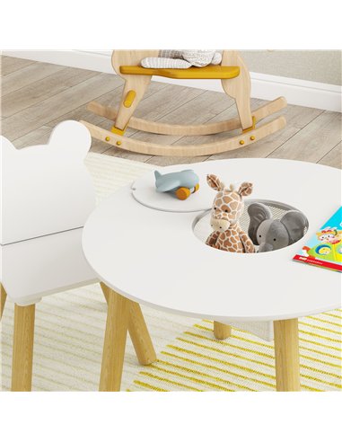 AIYAPLAY 3-Piece Kids Activity Table Set with Centre Mesh Bag, Bear-Shaped Backrest, for Arts and Crafts, Reading, White