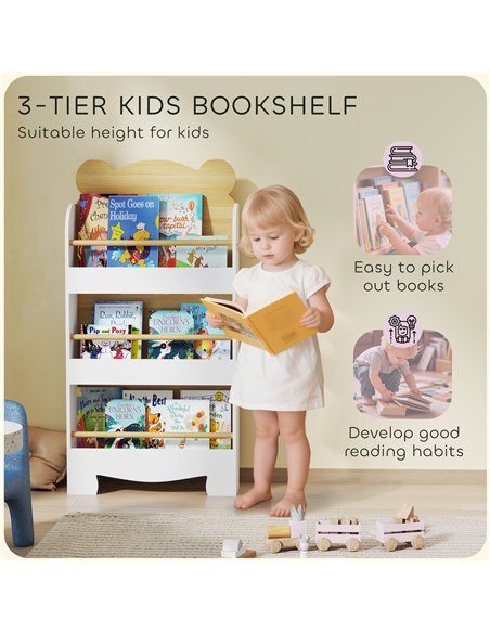 AIYAPLAY Kids Bookshelf, 3 Tier Children Bookcase, Bear Theme Toddler Space-Saving Bookcase for Living Room, White - pic 197605 | FastDaddyshop
