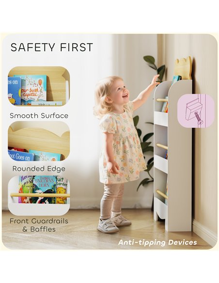 AIYAPLAY Kids Bookshelf, 3 Tier Children Bookcase, Bear Theme Toddler Space-Saving Bookcase for Living Room, White - pic 197606 | FastDaddyshop