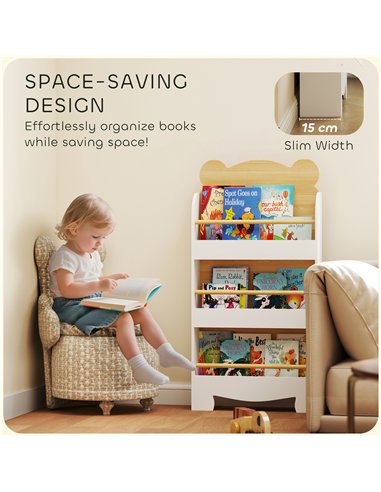 AIYAPLAY Kids Bookshelf, 3 Tier Children Bookcase, Bear Theme Toddler Space-Saving Bookcase for Living Room, White