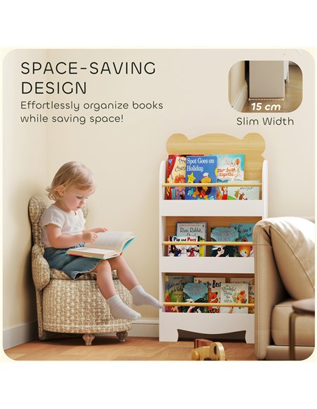 AIYAPLAY Kids Bookshelf, 3 Tier Children Bookcase, Bear Theme Toddler Space-Saving Bookcase for Living Room, White - pic 197607 | FastDaddyshop