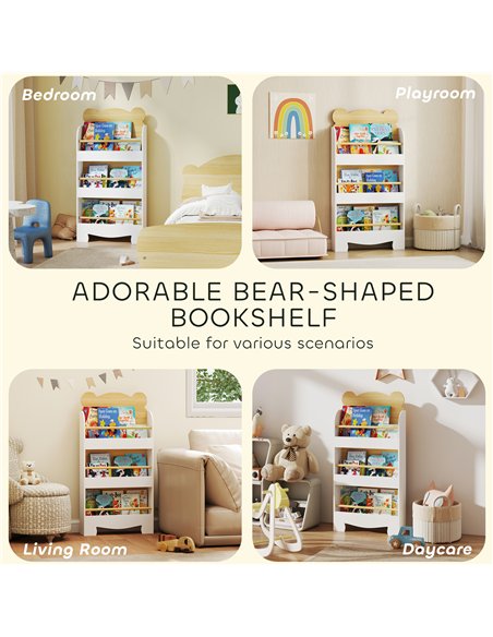 AIYAPLAY Kids Bookshelf, 3 Tier Children Bookcase, Bear Theme Toddler Space-Saving Bookcase for Living Room, White - pic 197608 | FastDaddyshop