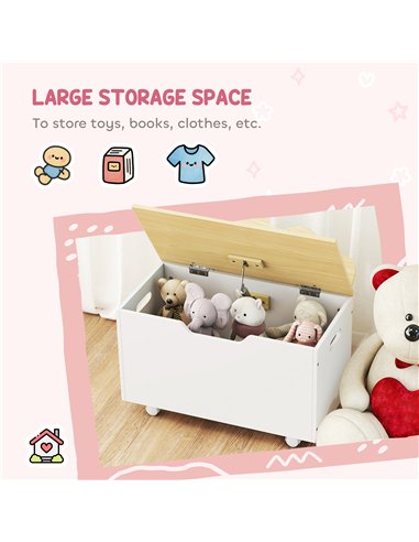 AIYAPLAY Toy Box with Lid, Toy Chest with Wheels and Safety Hinges, Toddler Storage Organiser for Playroom, Bedroom, White